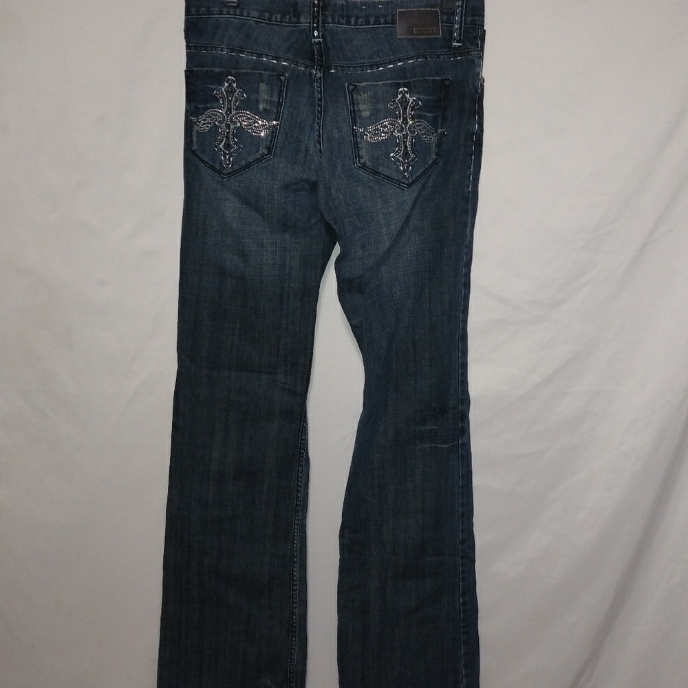 Petrol Sterling 31x33.5 Low Rise Bling Cross Wing Jeans